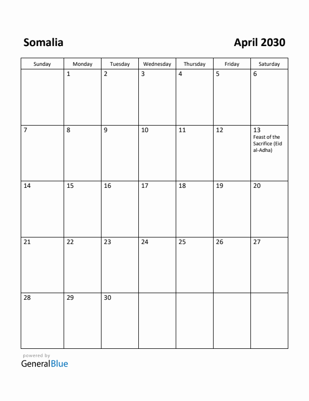 April 2030 Calendar with Somalia Holidays