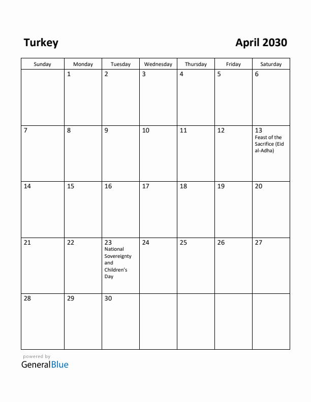 April 2030 Calendar with Turkey Holidays