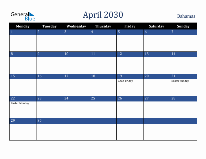 April 2030 Bahamas Calendar (Monday Start)