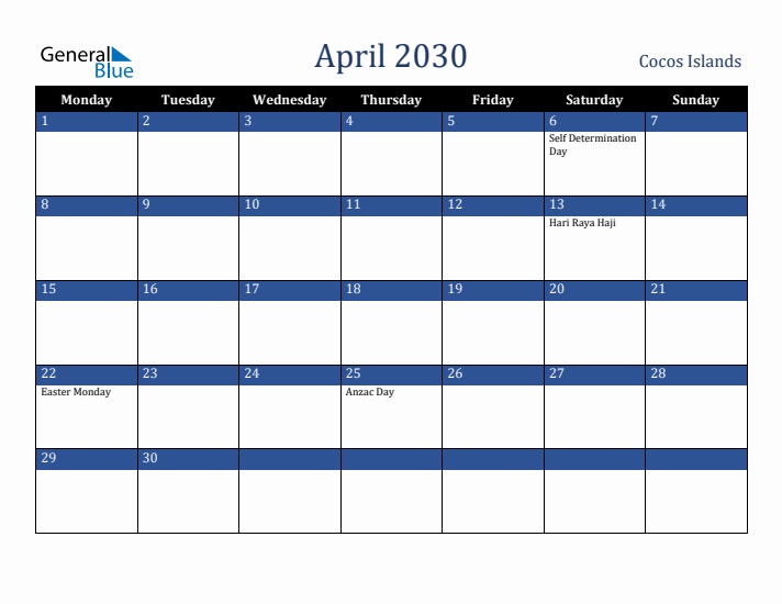 April 2030 Cocos Islands Calendar (Monday Start)