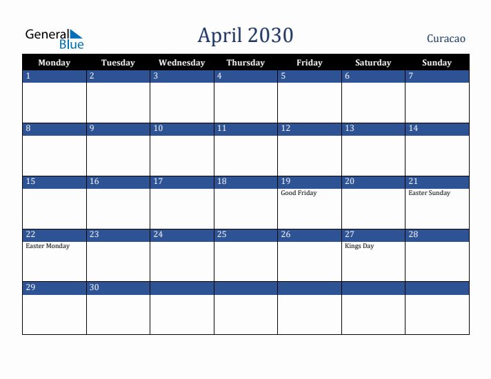 April 2030 Curacao Calendar (Monday Start)