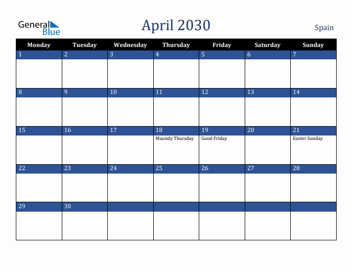 April 2030 Spain Calendar (Monday Start)