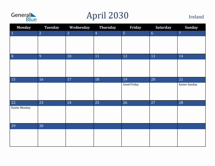 April 2030 Ireland Calendar (Monday Start)