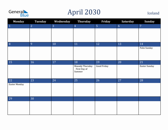 April 2030 Iceland Calendar (Monday Start)