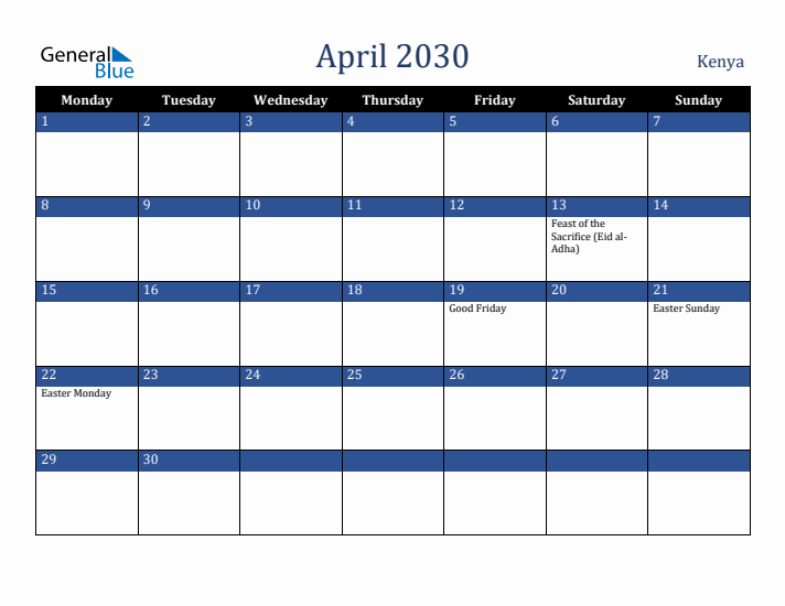 April 2030 Kenya Calendar (Monday Start)