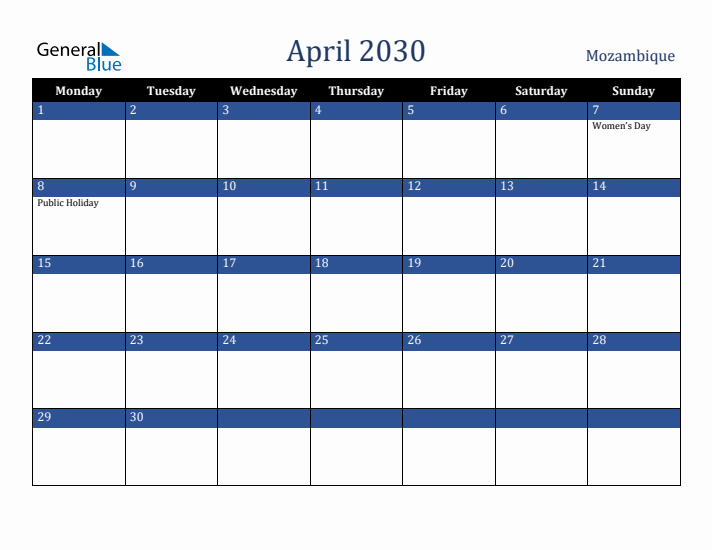 April 2030 Mozambique Calendar (Monday Start)