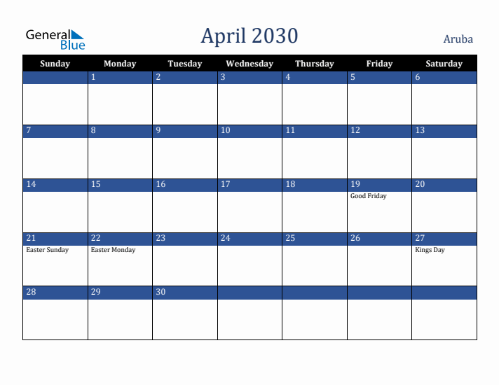 April 2030 Aruba Calendar (Sunday Start)