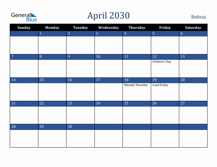 April 2030 Bolivia Calendar (Sunday Start)