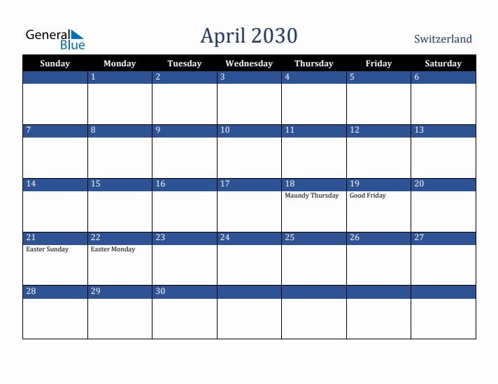 April 2030 Switzerland Calendar (Sunday Start)