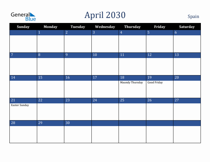 April 2030 Spain Calendar (Sunday Start)