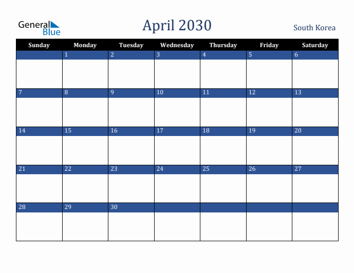 April 2030 South Korea Calendar (Sunday Start)