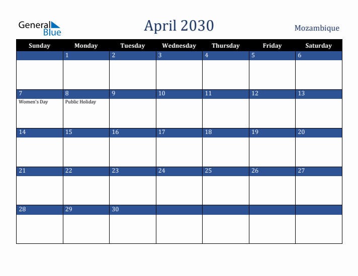 April 2030 Mozambique Calendar (Sunday Start)