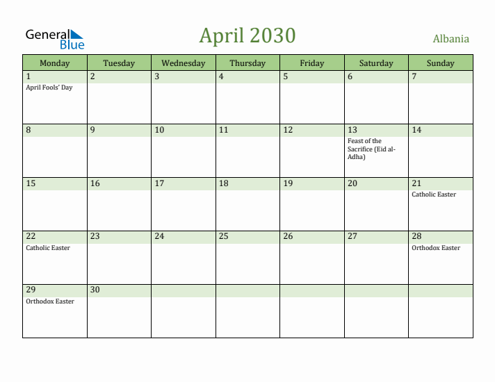 April 2030 Calendar with Albania Holidays