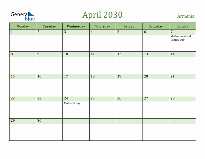 April 2030 Calendar with Armenia Holidays