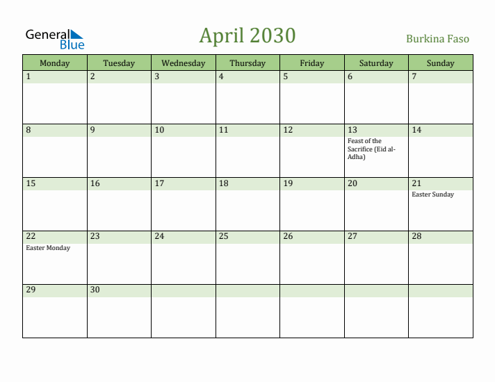 April 2030 Calendar with Burkina Faso Holidays