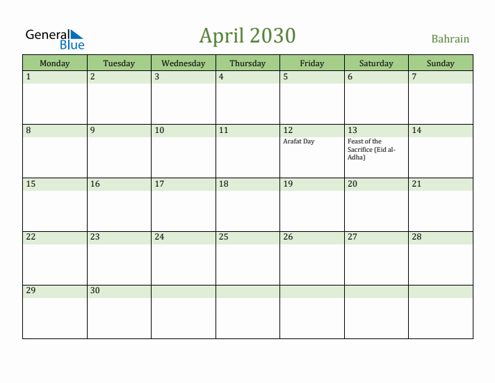 April 2030 Calendar with Bahrain Holidays