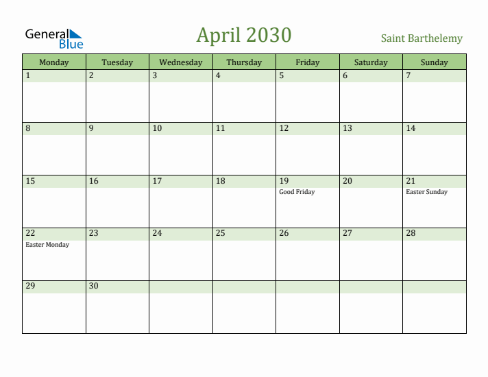 April 2030 Calendar with Saint Barthelemy Holidays