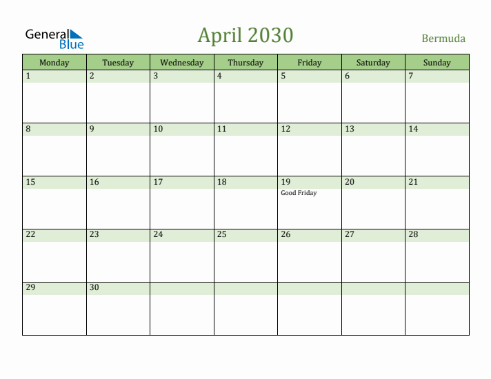 April 2030 Calendar with Bermuda Holidays