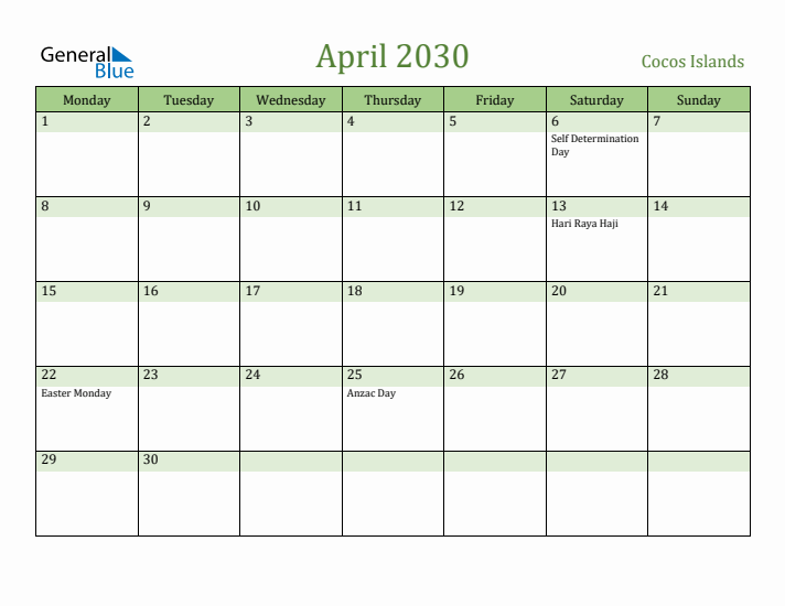 April 2030 Calendar with Cocos Islands Holidays