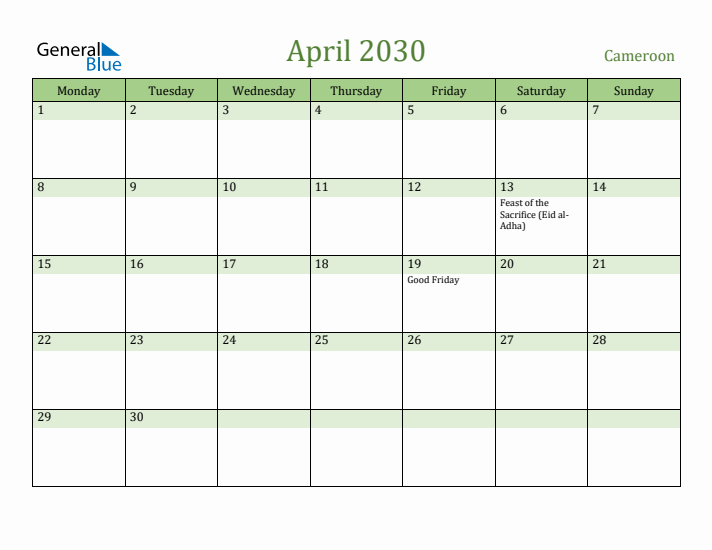 April 2030 Calendar with Cameroon Holidays