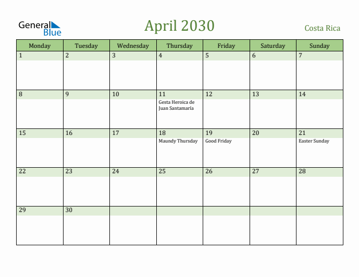 April 2030 Calendar with Costa Rica Holidays