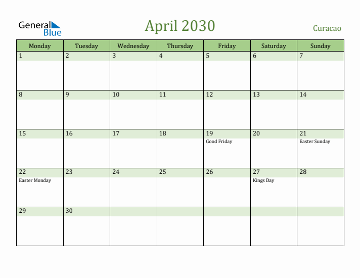 April 2030 Calendar with Curacao Holidays