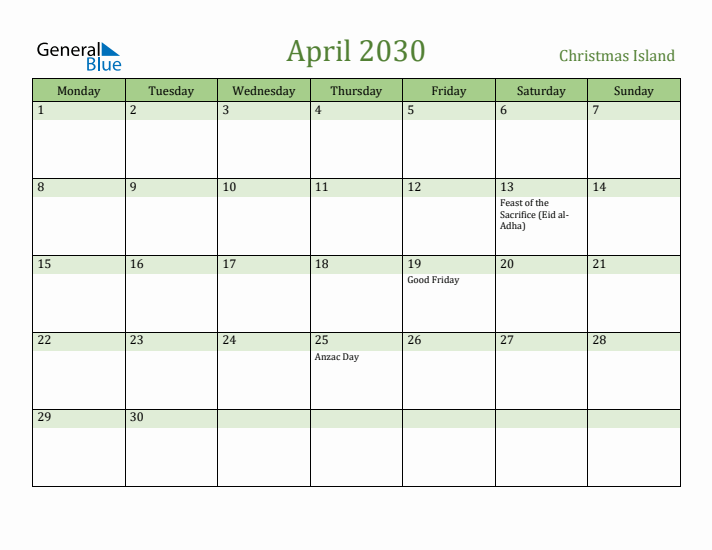 April 2030 Calendar with Christmas Island Holidays