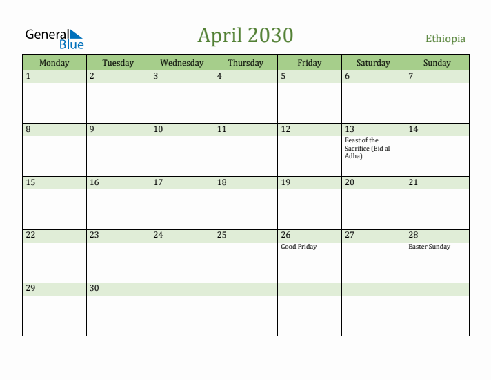 April 2030 Calendar with Ethiopia Holidays