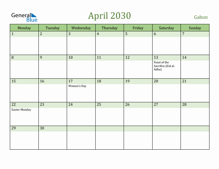 April 2030 Calendar with Gabon Holidays