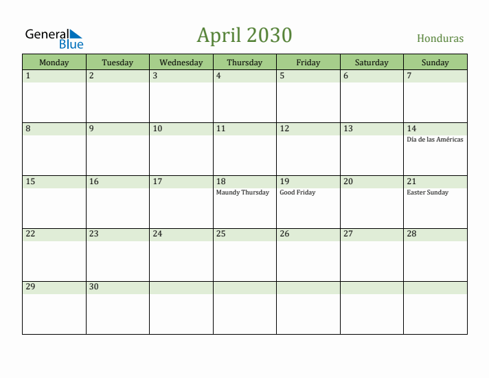 April 2030 Calendar with Honduras Holidays