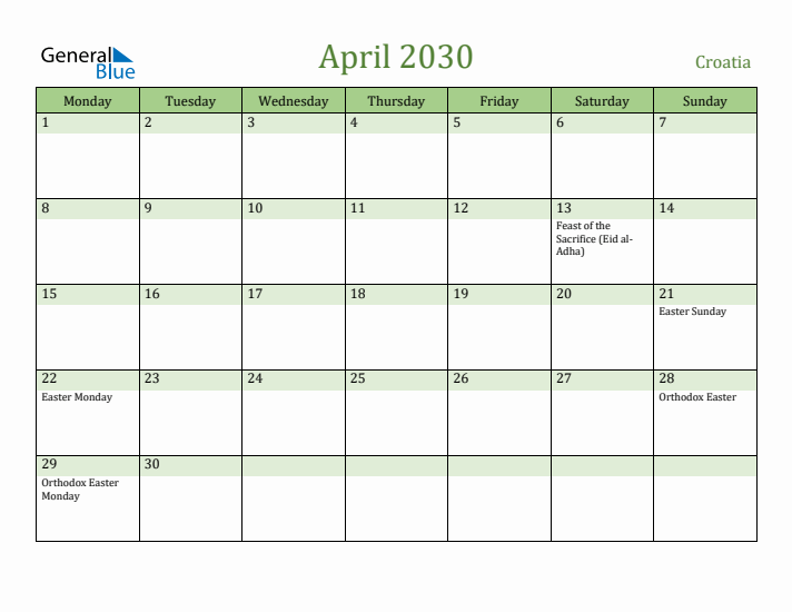 April 2030 Calendar with Croatia Holidays