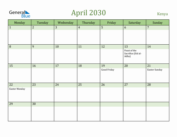 April 2030 Calendar with Kenya Holidays