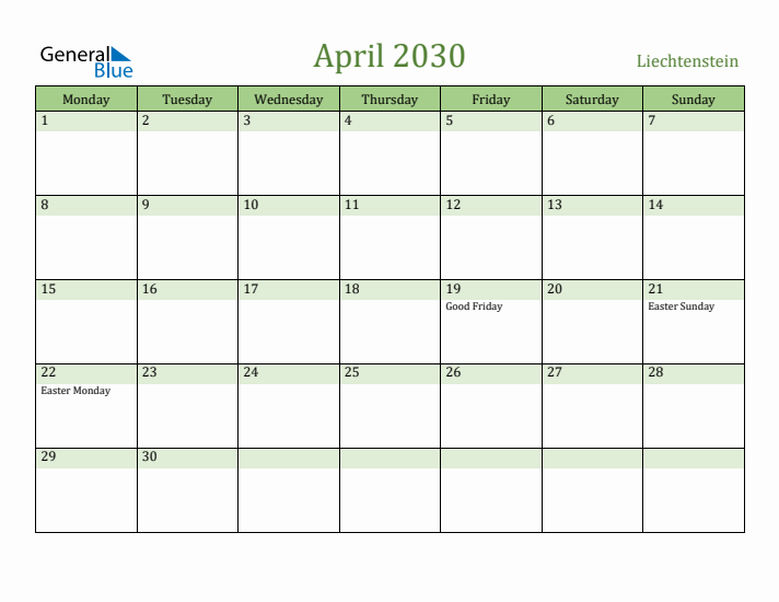 April 2030 Calendar with Liechtenstein Holidays