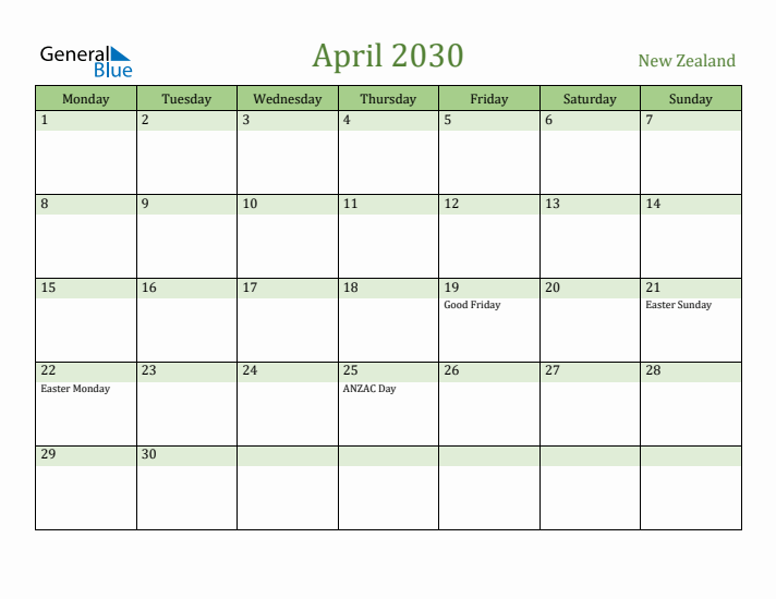 April 2030 Calendar with New Zealand Holidays