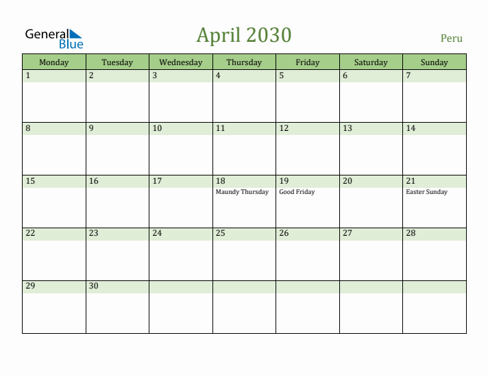 April 2030 Calendar with Peru Holidays