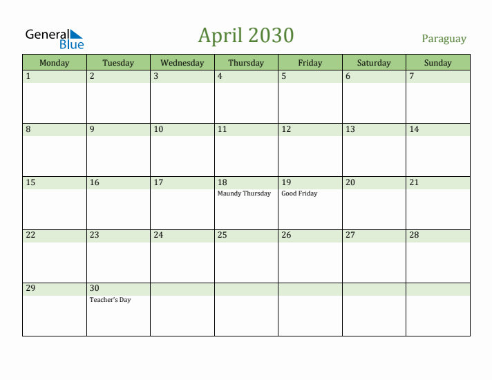 April 2030 Calendar with Paraguay Holidays