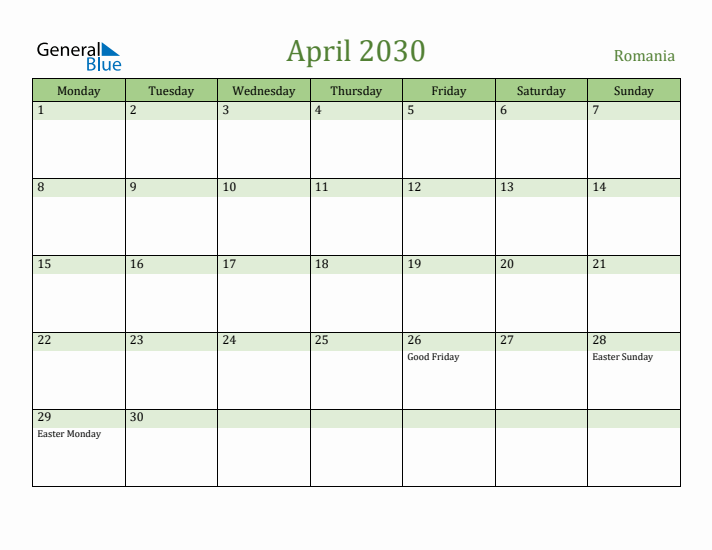 April 2030 Calendar with Romania Holidays