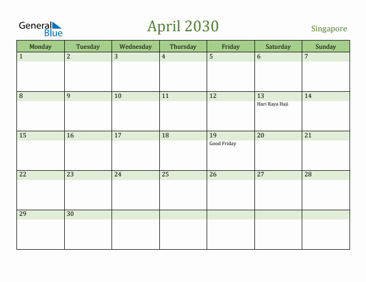 April 2030 Calendar with Singapore Holidays