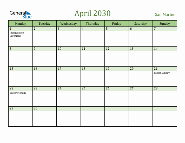 April 2030 Calendar with San Marino Holidays