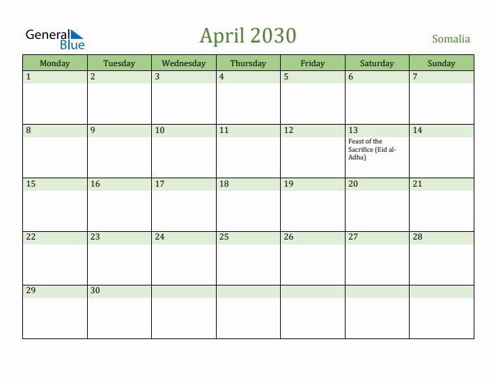 April 2030 Calendar with Somalia Holidays