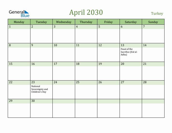 April 2030 Calendar with Turkey Holidays