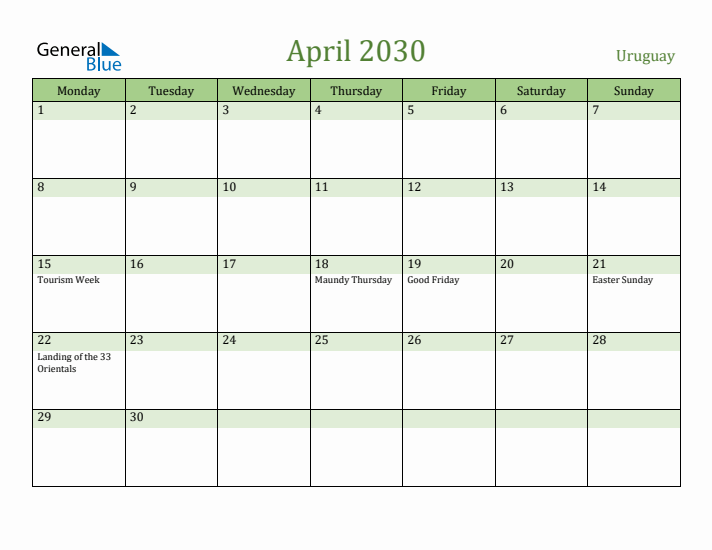 April 2030 Calendar with Uruguay Holidays