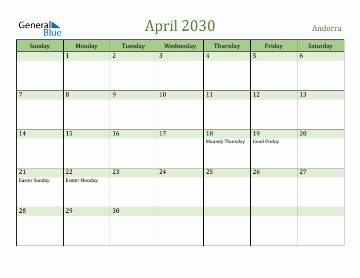 April 2030 Calendar with Andorra Holidays