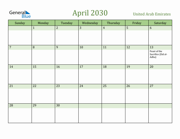 April 2030 Calendar with United Arab Emirates Holidays