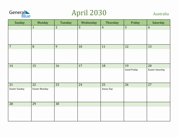 April 2030 Calendar with Australia Holidays