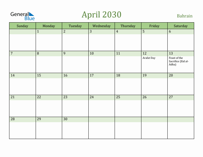 April 2030 Calendar with Bahrain Holidays