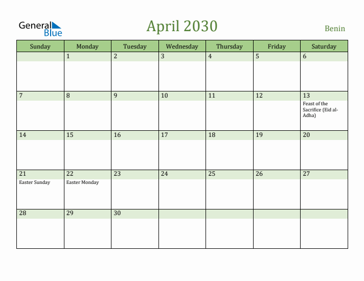 April 2030 Calendar with Benin Holidays