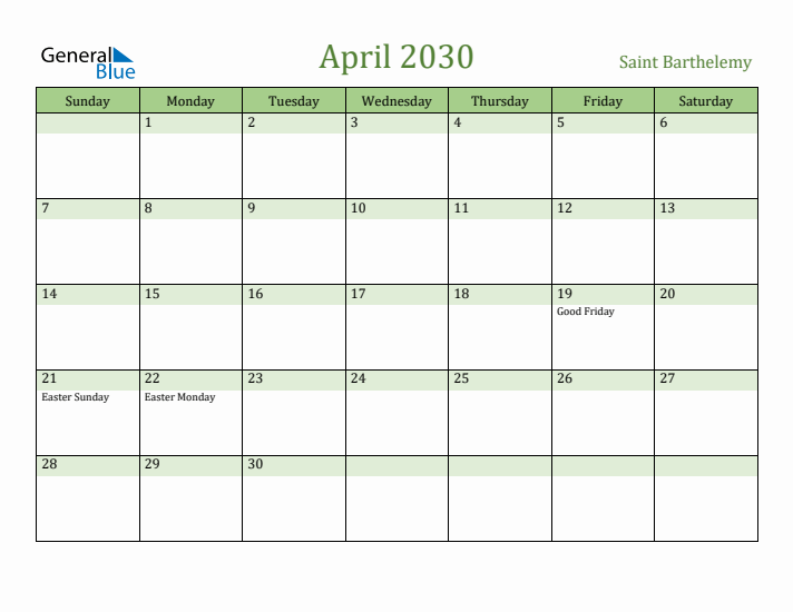 April 2030 Calendar with Saint Barthelemy Holidays