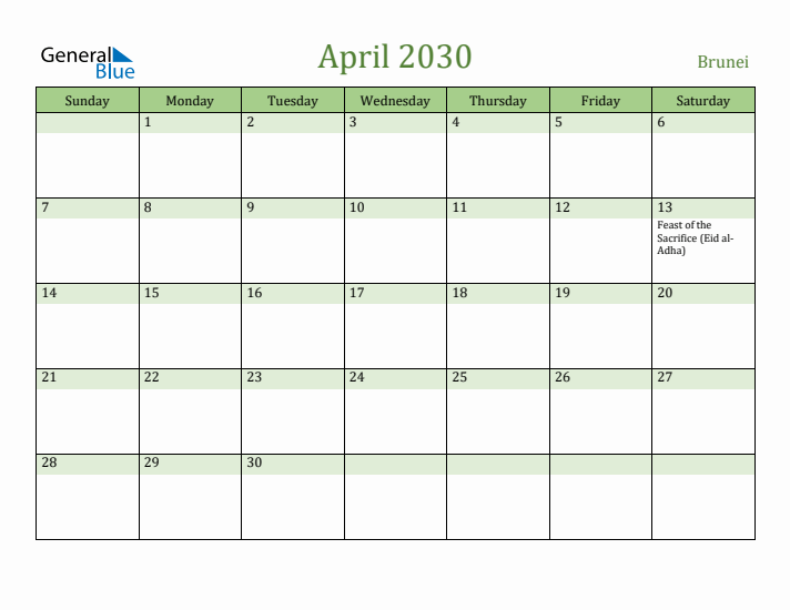 April 2030 Calendar with Brunei Holidays