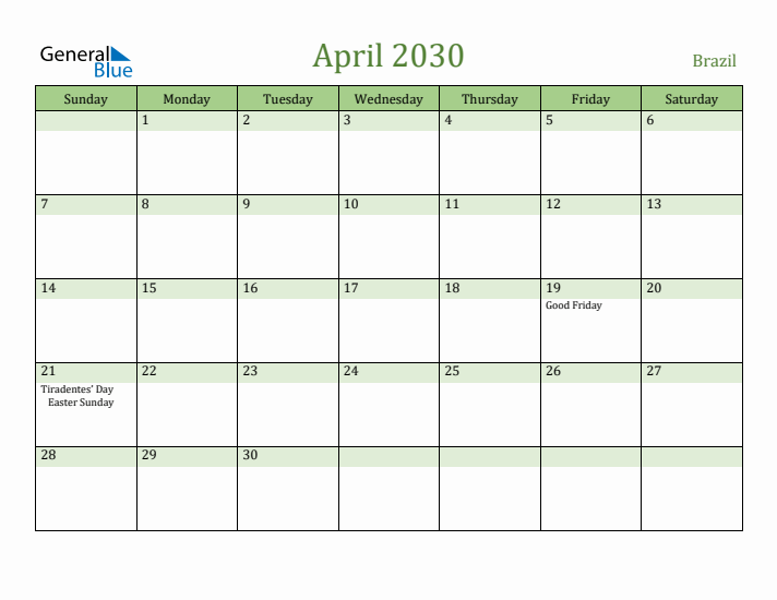 April 2030 Calendar with Brazil Holidays